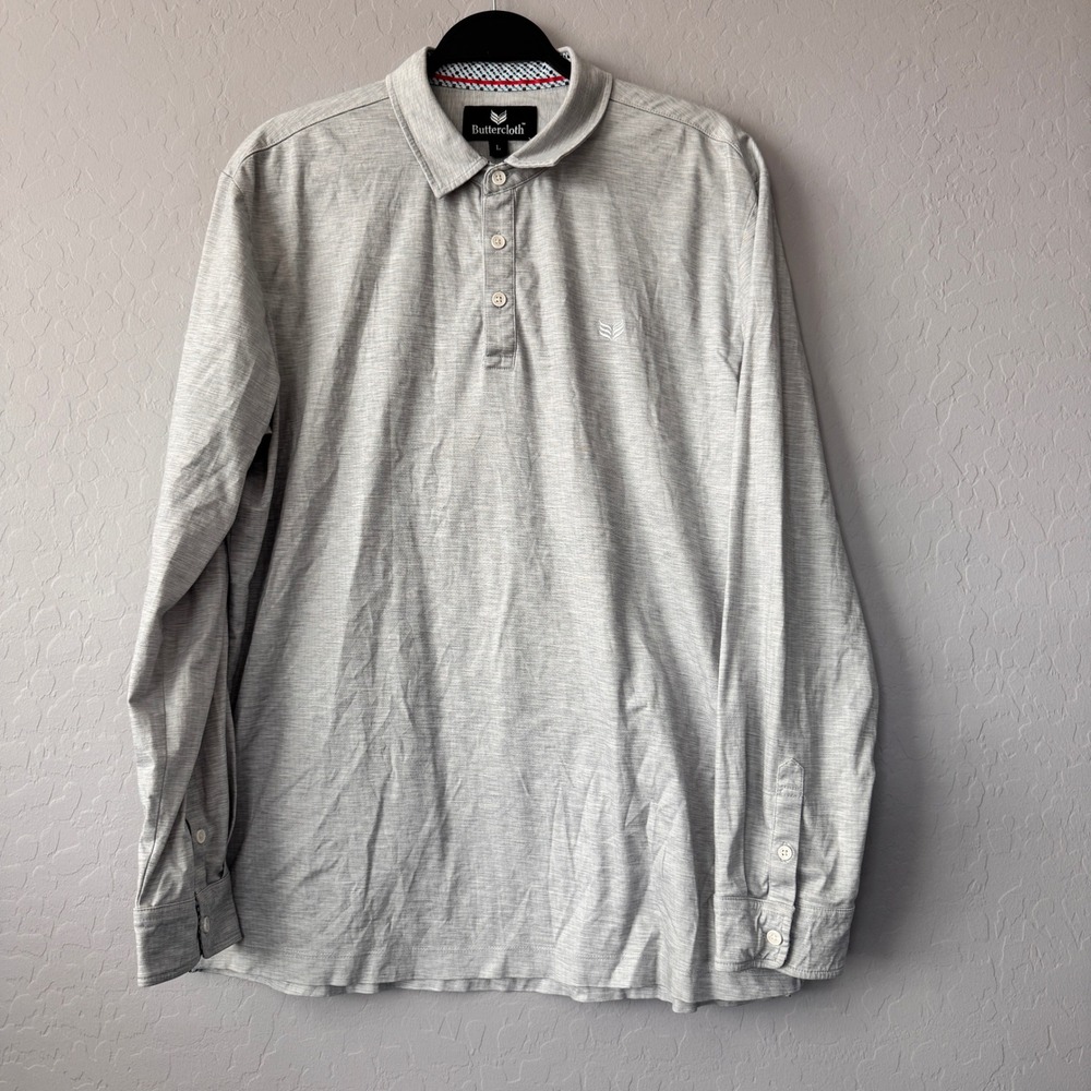 Buttercloth Large Gray Long Sleeve Polo Shirt Men's Knit Collared Casual Top